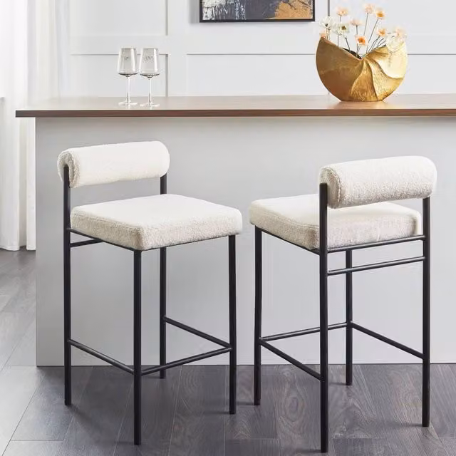 Wyld and Coco Set of 2 Armless Bar Chairs with White Boucle Upholstery and Black Metal Legs