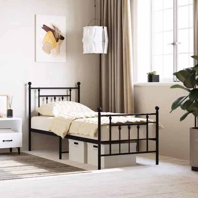 Berkfield Home Metal Bed Frame with Headboard and Footboard in Black, W/D/H: 75 x 190 cm Small Single