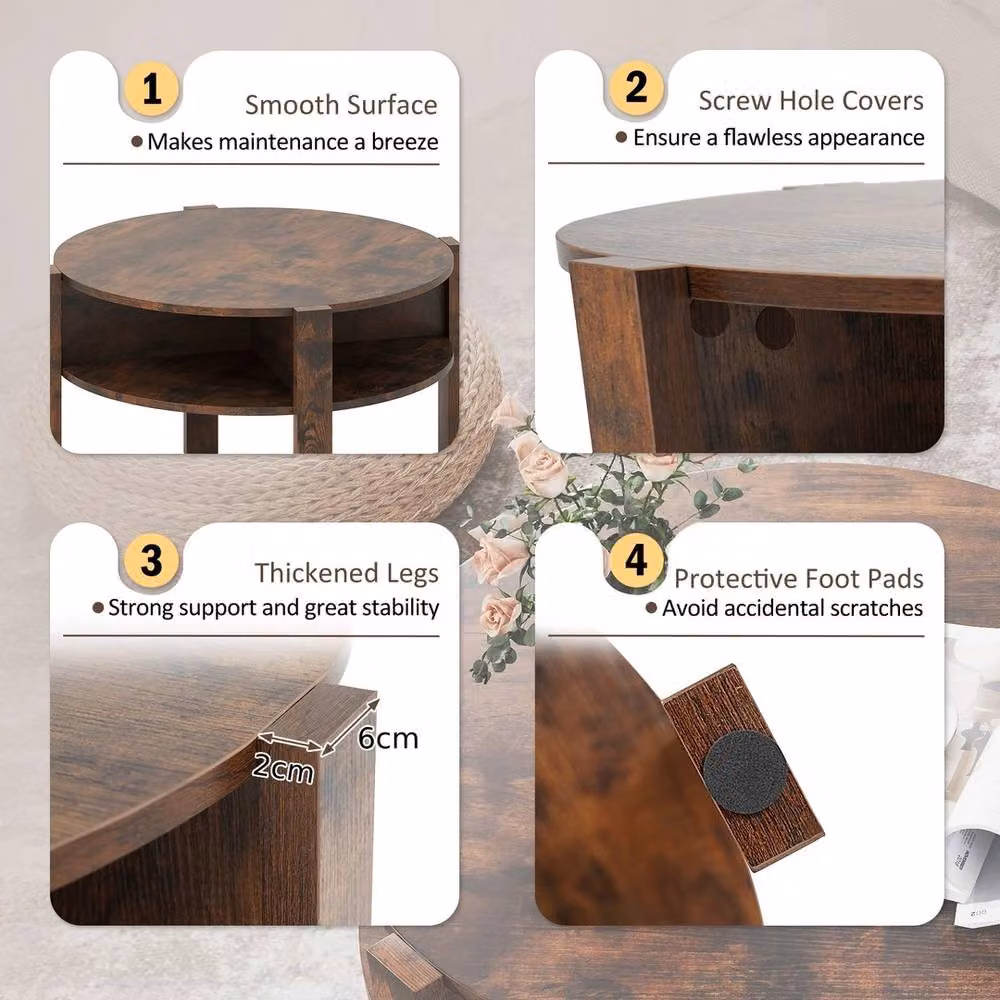 VOGREX Round Coffee Table in Brown with 4 Storage Shelves, W/D/H: 74 x 74 x 74 cm – 4