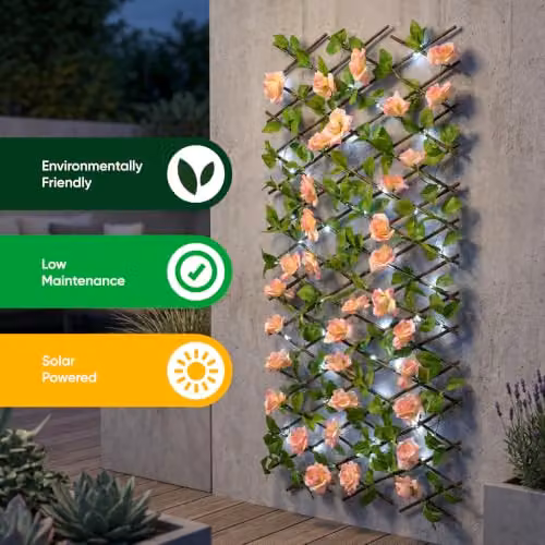 Gardenwize Solar Powered 100 LED Extendable Garden Trellis with Pink Flowers and Faux Ivy Backdrop – 6
