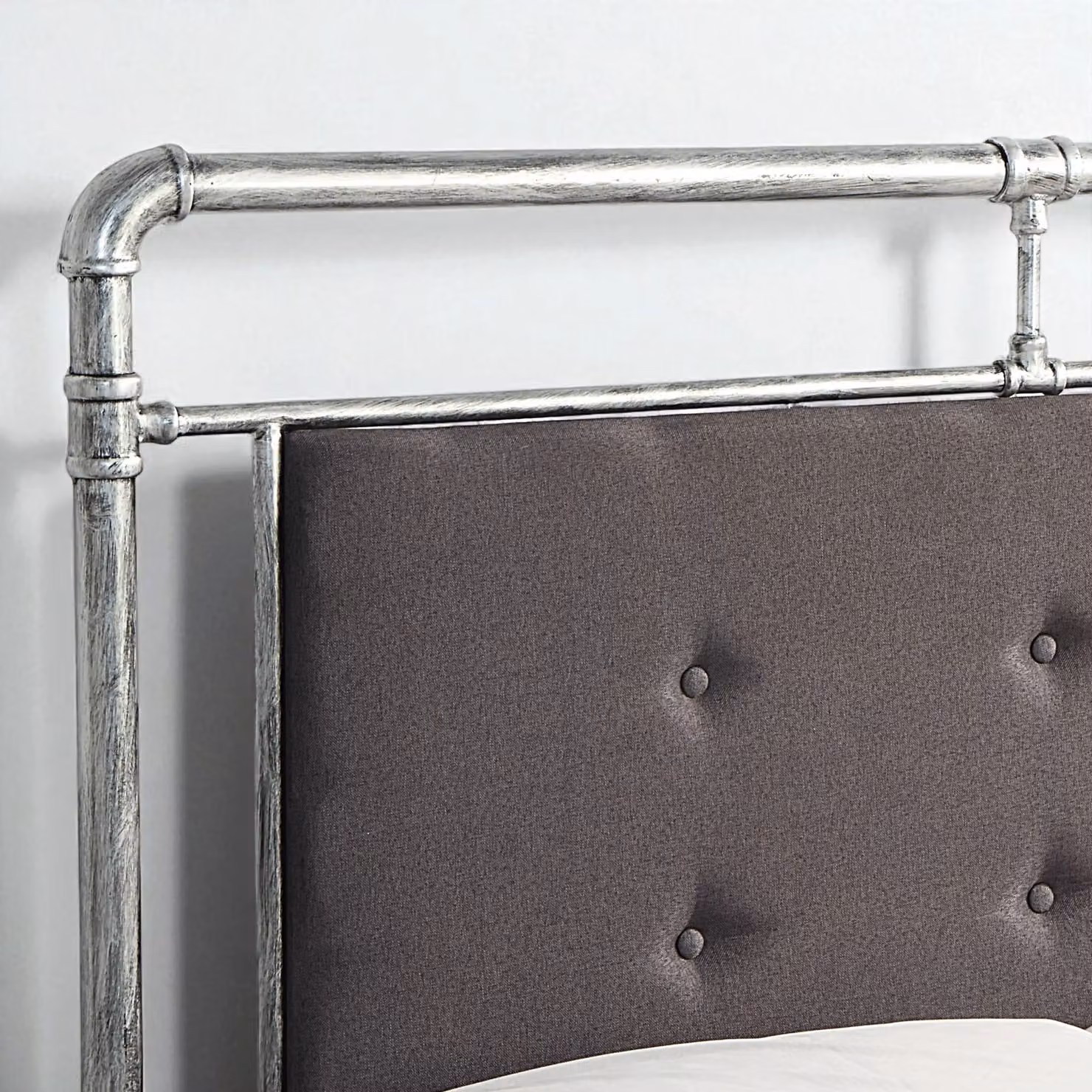 OAT Home Shoreditch Industrial Scaffold Metal Bed Frame with Grey Upholstered Headboard in Distressed Silver, W/D/H: 150 x 200 x 120 cm – 2
