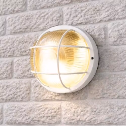 CGC Lighting Ronnie White Cage Round Bulkhead Wall and Ceiling Light with Glass and Plastic, IP44 Weatherproof for Garden and Indoor Use