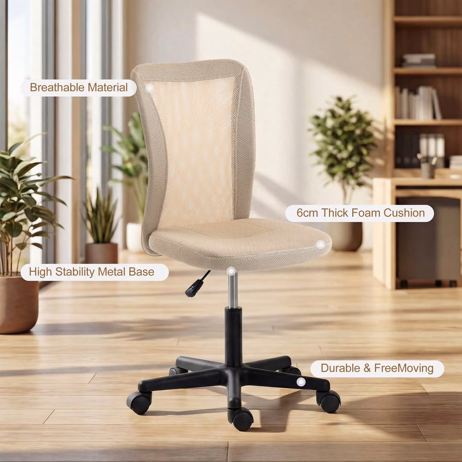 Vinsetto Modern Fabric Task Chair in Beige with Swivel Castors and Adjustable Height – 3