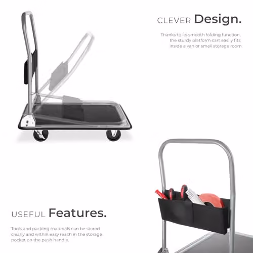 tectake Platform Trolley in Black with 150 kg Load Capacity, Foldable Handle, Storage Pocket and 4 Castors including 2 Lockable Brakes – 4