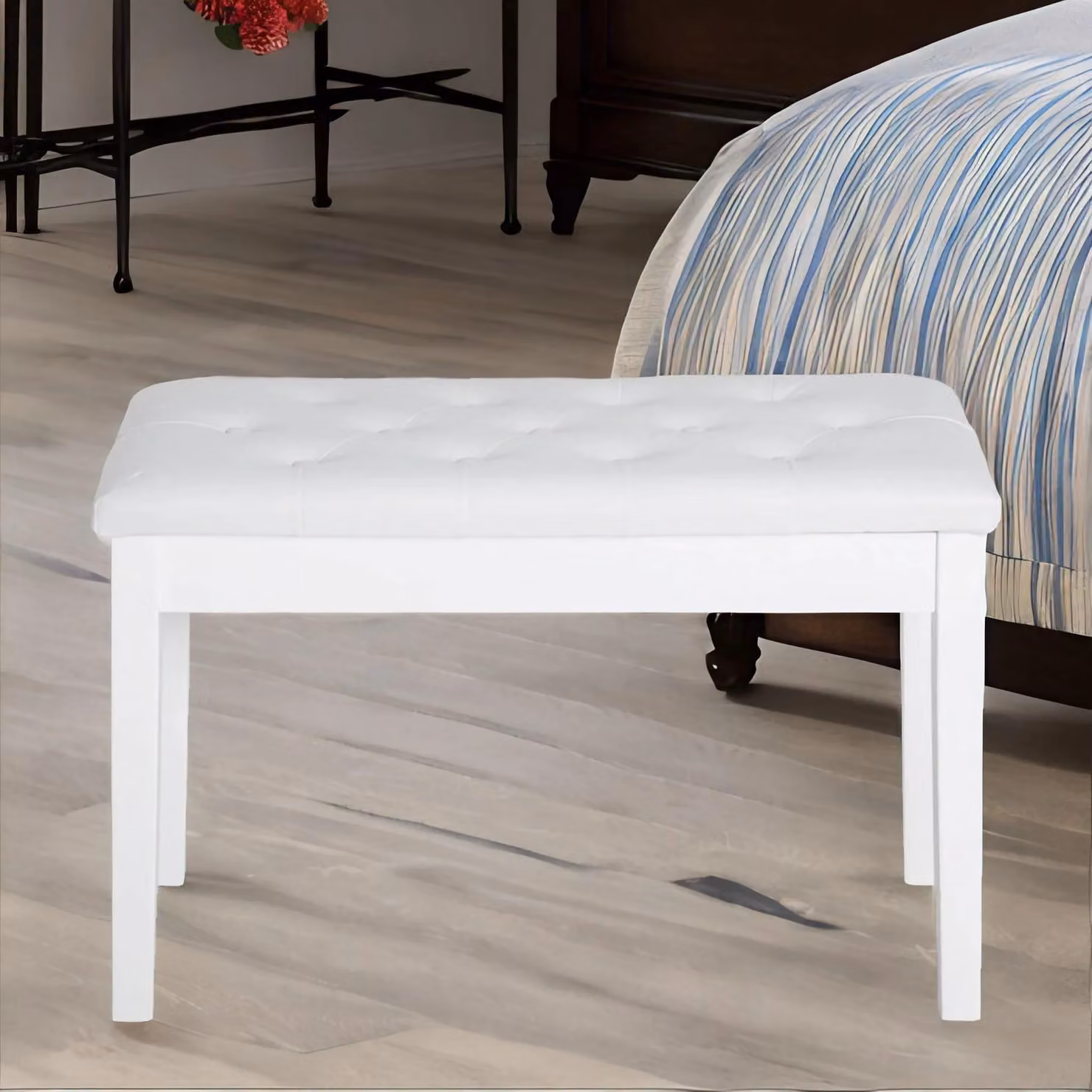 FURNOS Tufted Faux Leather Piano Bench with Storage in White – 3