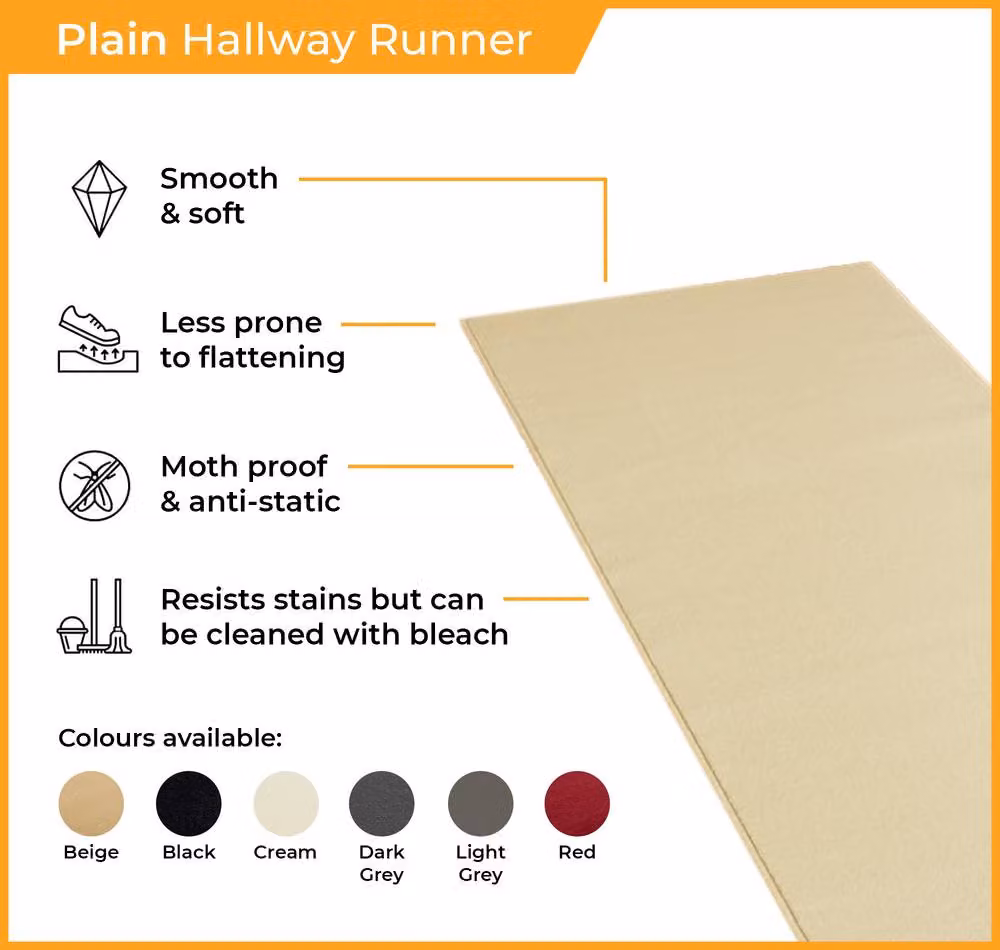 runrug Plain Hallway Carpet Runner Rug in Beige, W: 120 cm, L: 240 cm – 2