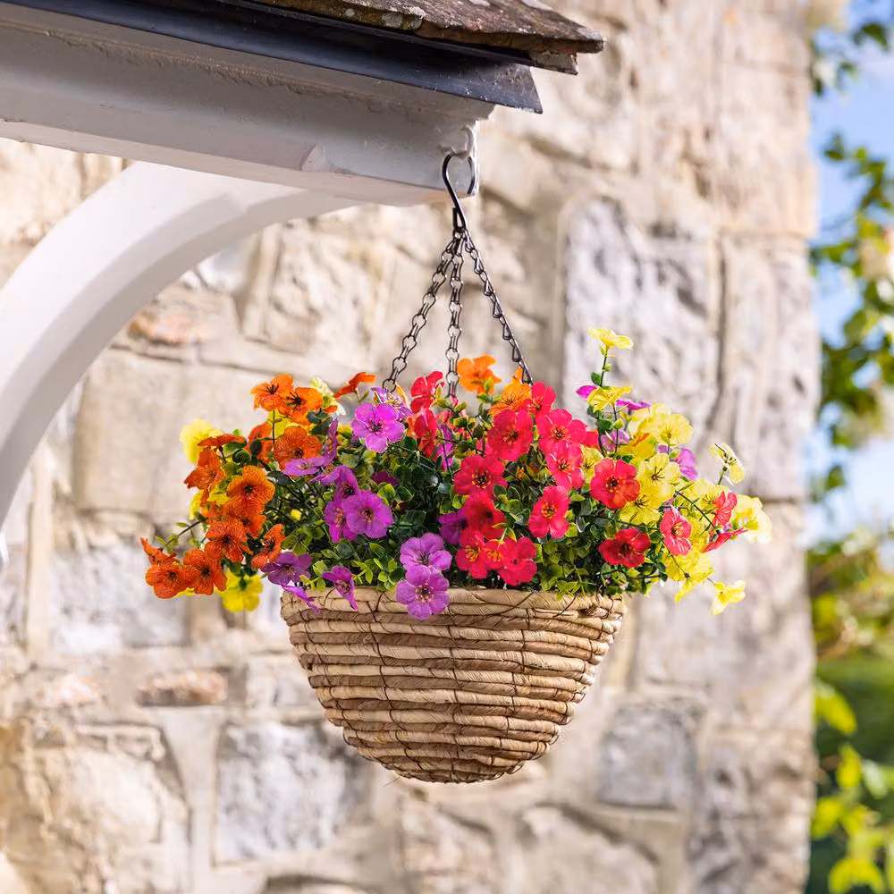 Christow Artificial Sweet Violet Flower Woven Hanging Basket, Multicolour, Diameter: 25 cm – 5