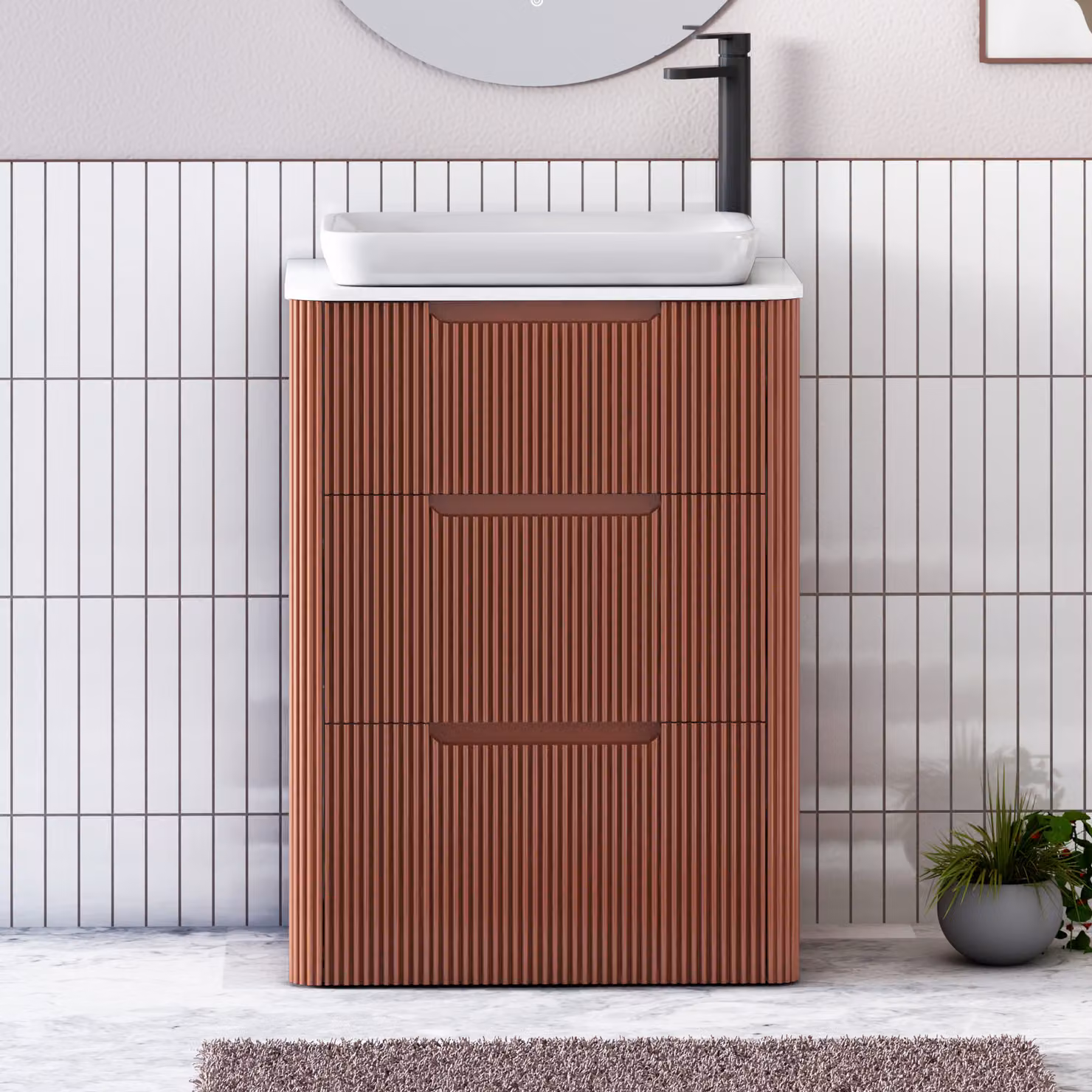 Royal Bathrooms Avenza 600mm Terracotta Clay Floor Standing 3 Drawer Vanity Unit with White Worktop and Qubix Basin