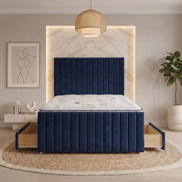 Somnior Eleanor Navy Blue Velvet Upholstered Hybrid Divan Bed with 4 Drawers and Mattress, W/D/H: 120 x 200 cm – 1