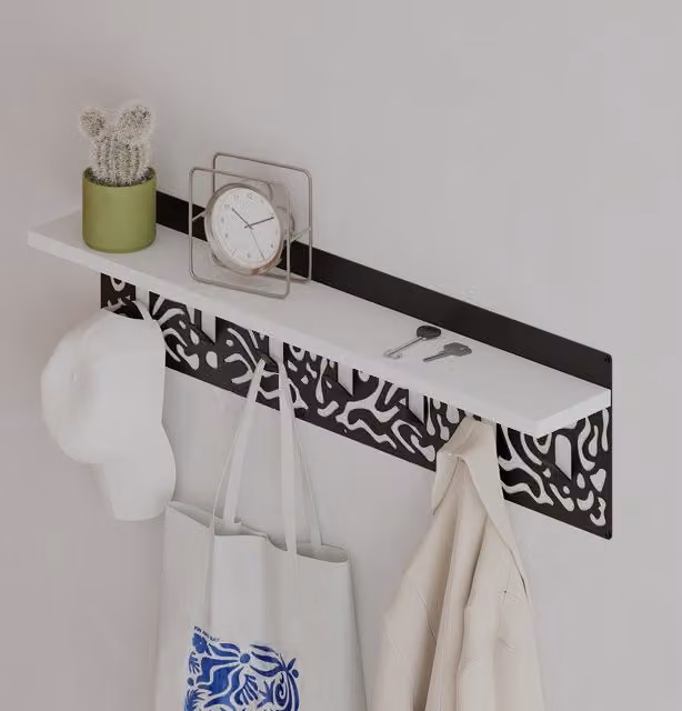 Decortie Modern White Metal Hanger with 7 Hooks and Shelf