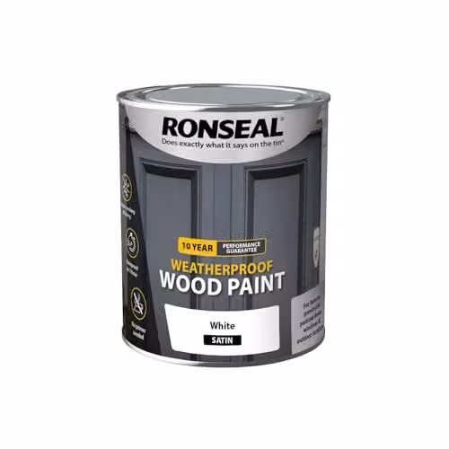 Ronseal 10 Year Weatherproof Wood Paint, White Satin, 0.75 l – 2