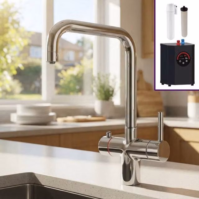 Nes Home 3 in 1 Single Lever Boiler Kitchen Mixer Tap Set in Chrome Silver
