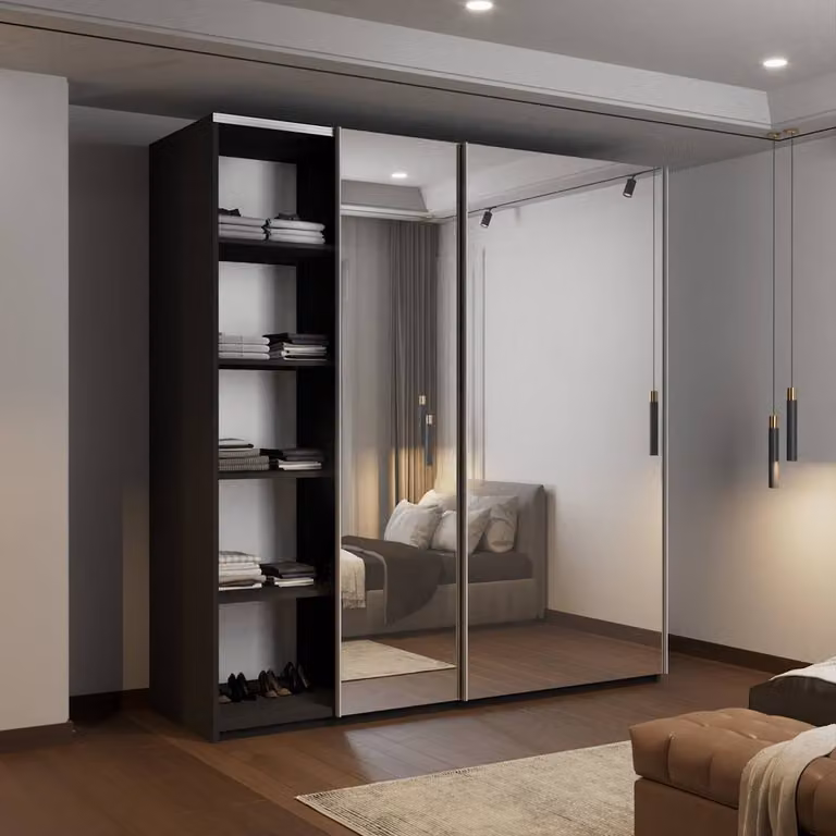 MN Furniture Modern Black Double Mirror Sliding Wardrobe with Integrated LED Lighting W: 200 cm, H: 217 cm