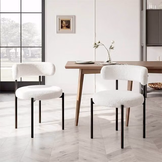 NESTLUNE Set of 2 Modern Beige Velvet and Bouclé Upholstered Curved Dining Chairs