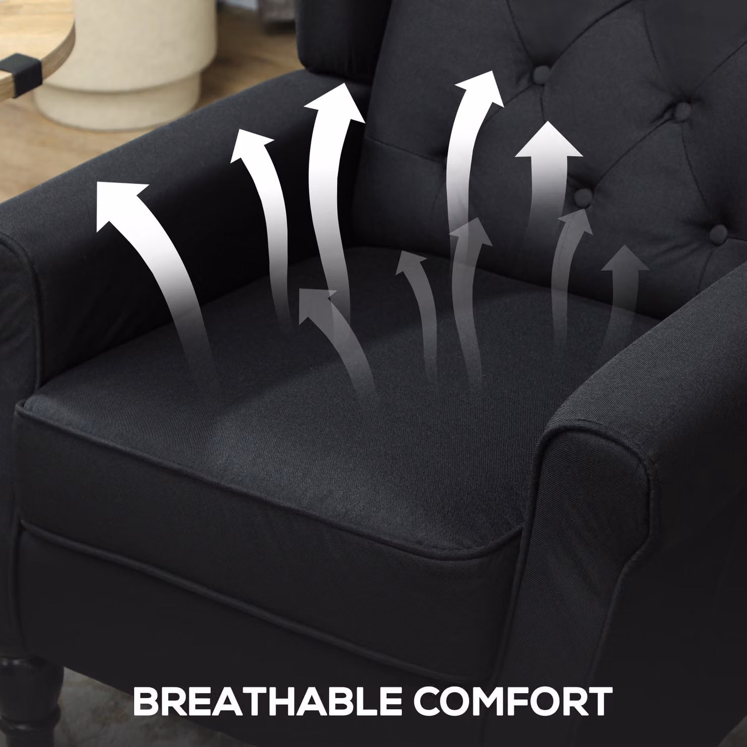 HOMCOM Retro Black Accent Chair with Solid Wood Frame and Button Tufted Fabric Design – 6