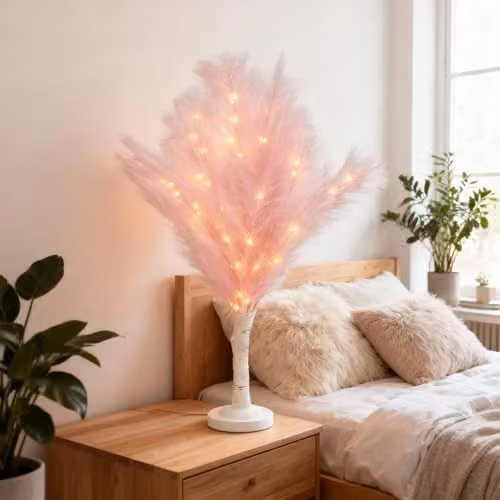 SHATCHI Pink Feather Tree Table Lamp with Warm White LEDs, Battery-Operated, Height: 70 cm – 4
