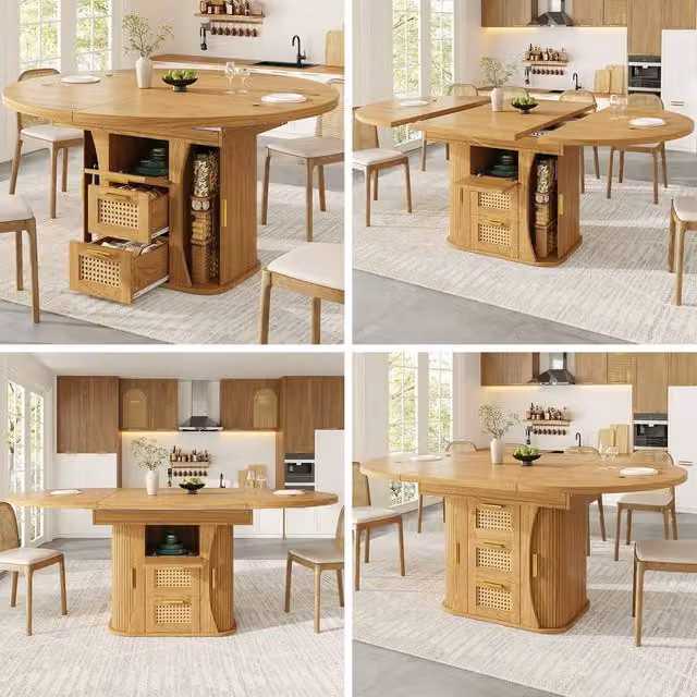 Matteo Extendable Dining Table with Rattan Storage Drawers in Natural Wood Look and Black/Brown Finish