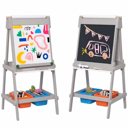 AIYAPLAY Double Sided Art Easel for Kids with Paper Roll, Chalk Board, White Board, Eraser and Storage Boxes, Multicolour