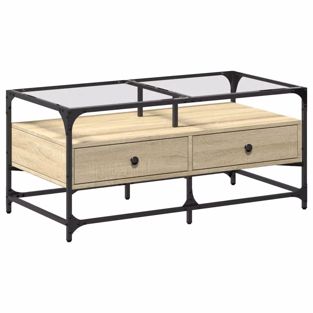 Berkfield Home Sonoma Oak Coffee Table with Glass Top and Steel Frame in Brown, W: 98.5 cm, D: 50 cm, H: 45 cm – 2