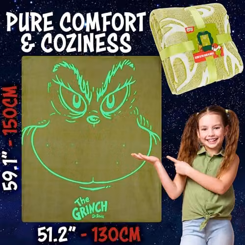 Get Trend The Grinch Glow in the Dark Fleece Throw Blanket, Green, W/D/H: 130 x 150 cm – 6