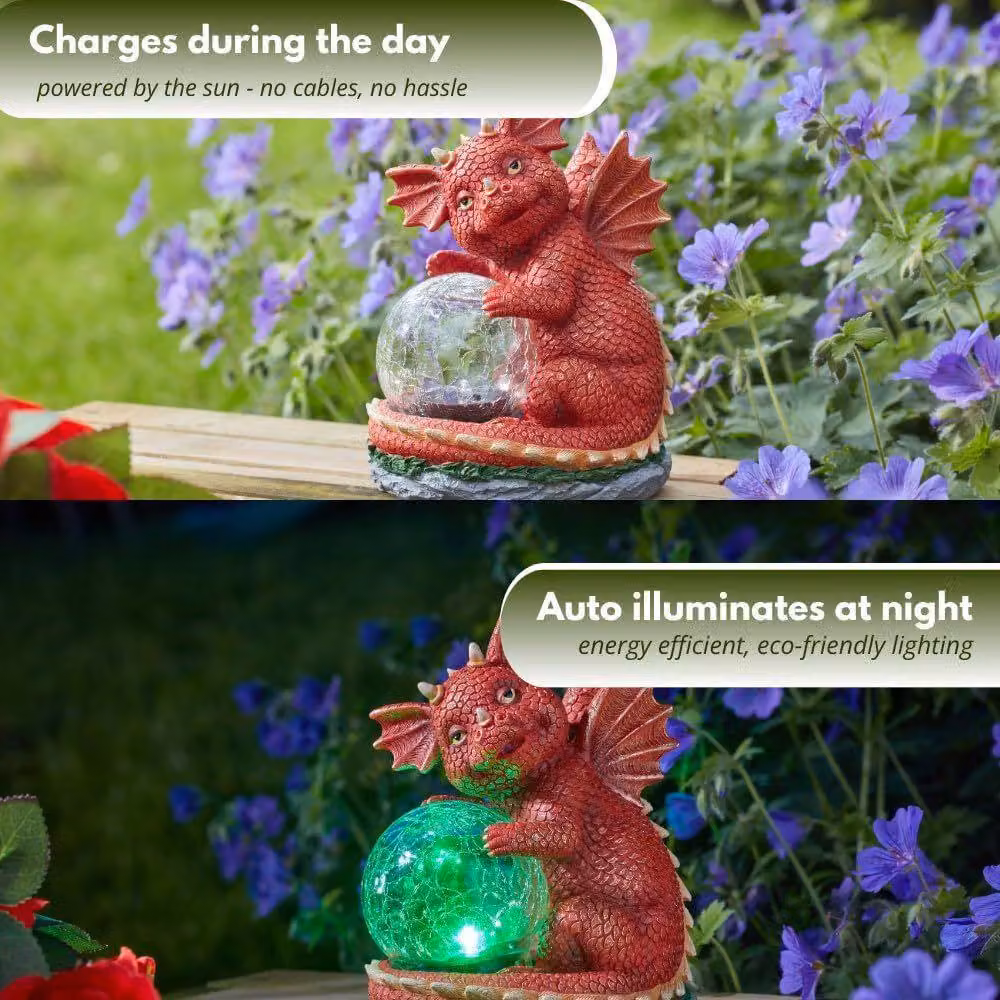 Marco Paul Solar LED Dragon Ornament with Crackle Ball in Red, Height: 70 cm – 4