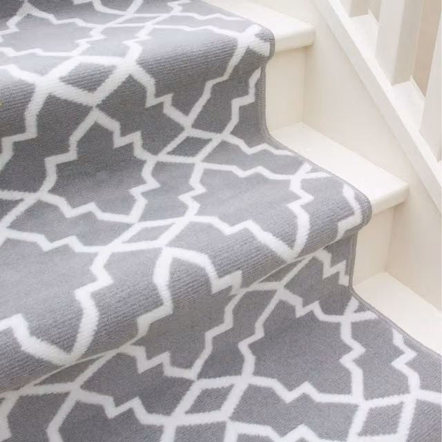 The Rug House Modern Grey Geometric Trellis Cut To Measure Stair Carpet Runner, Width: 60 cm, Length: 365 cm