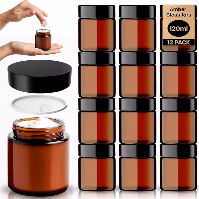 volila 12-Pack Amber Brown Glass Cosmetic Jars with Lids and Spatula, 180ml UV Protection Containers – 1