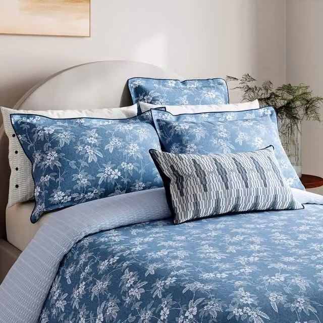 Bedeck of Belfast Zayda Reversible Super Kingsize Cotton Percale Duvet Cover and Pillowcase Set, Blue Floral, 200 x 200 cm