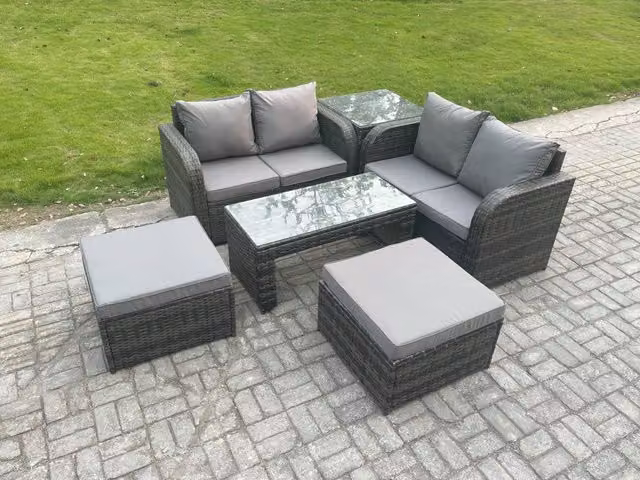 Fimous Grey Rattan Garden Furniture Set with L-Shape 2-Seater Sofa, Coffee Table and Ottoman