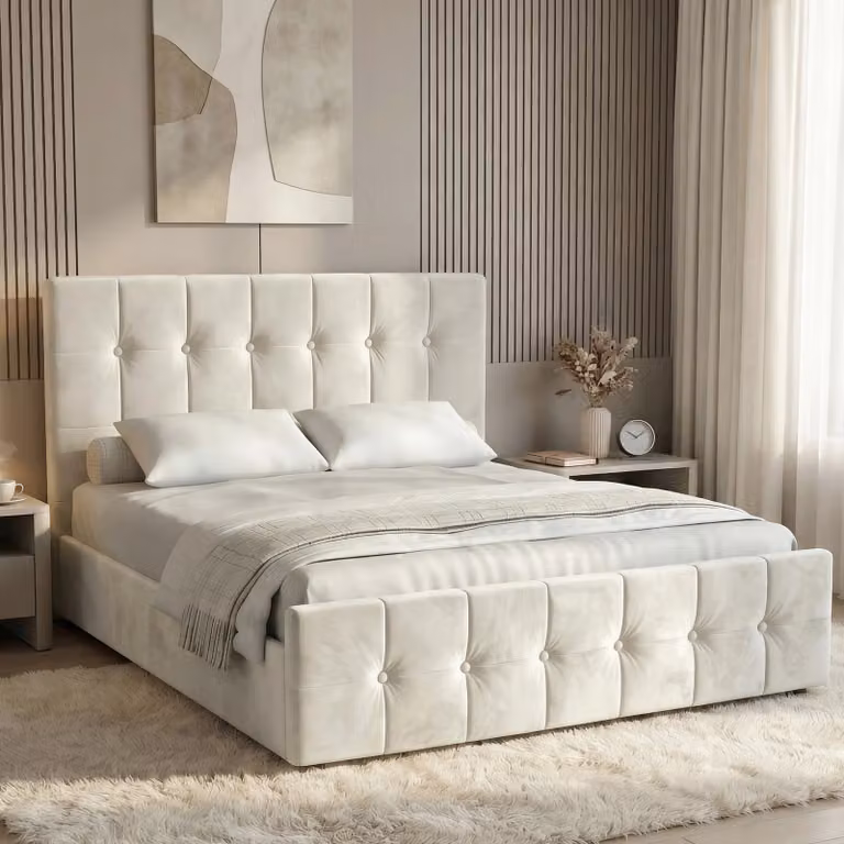 DHS Square Velvet Ottoman Storage Bed Frame in Beige, W/D/H: 180 x 200 cm