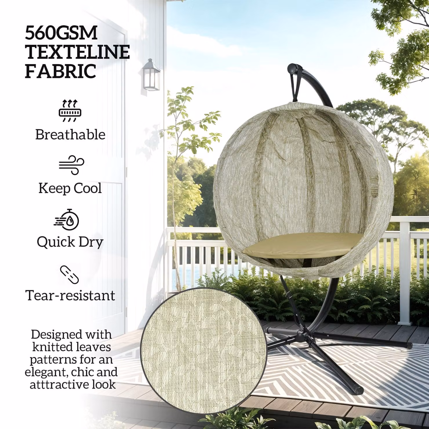 Outsunny Hanging Egg Chair with Stand and Folding Basket in Beige – 2