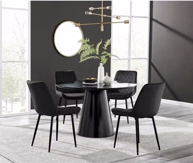 FurnitureboxUK Palma Black Semi Gloss Round Dining Table and 4 Pesaro Black Leg Chairs Set