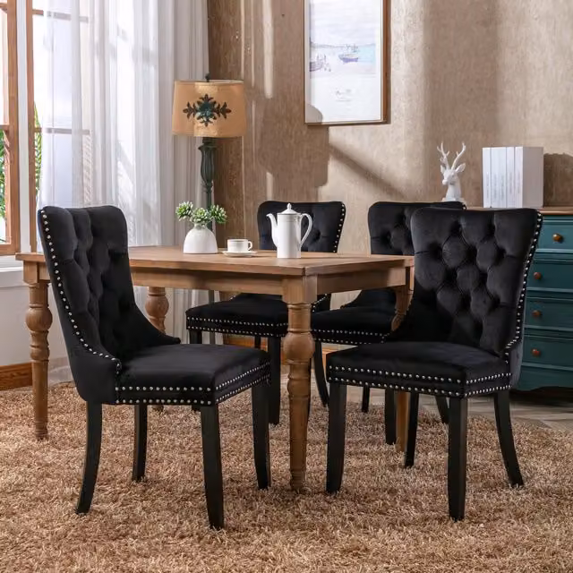 Aosom.UK Set of 6 Black Velvet Dining Chairs with Button Tufted Backrest and Solid Rubberwood Legs, W: 64 cm, D: 50 cm, H: 96 cm – 1