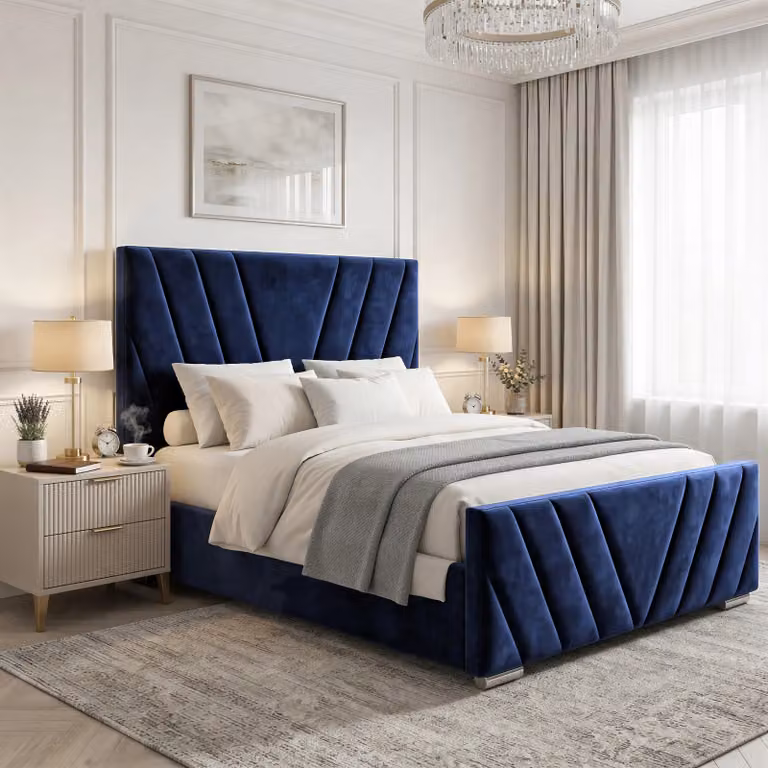 Vellure Velvet Ottoman Storage Bed Frame, Blue, Double (4ft6), W: 140 cm, D: 200 cm