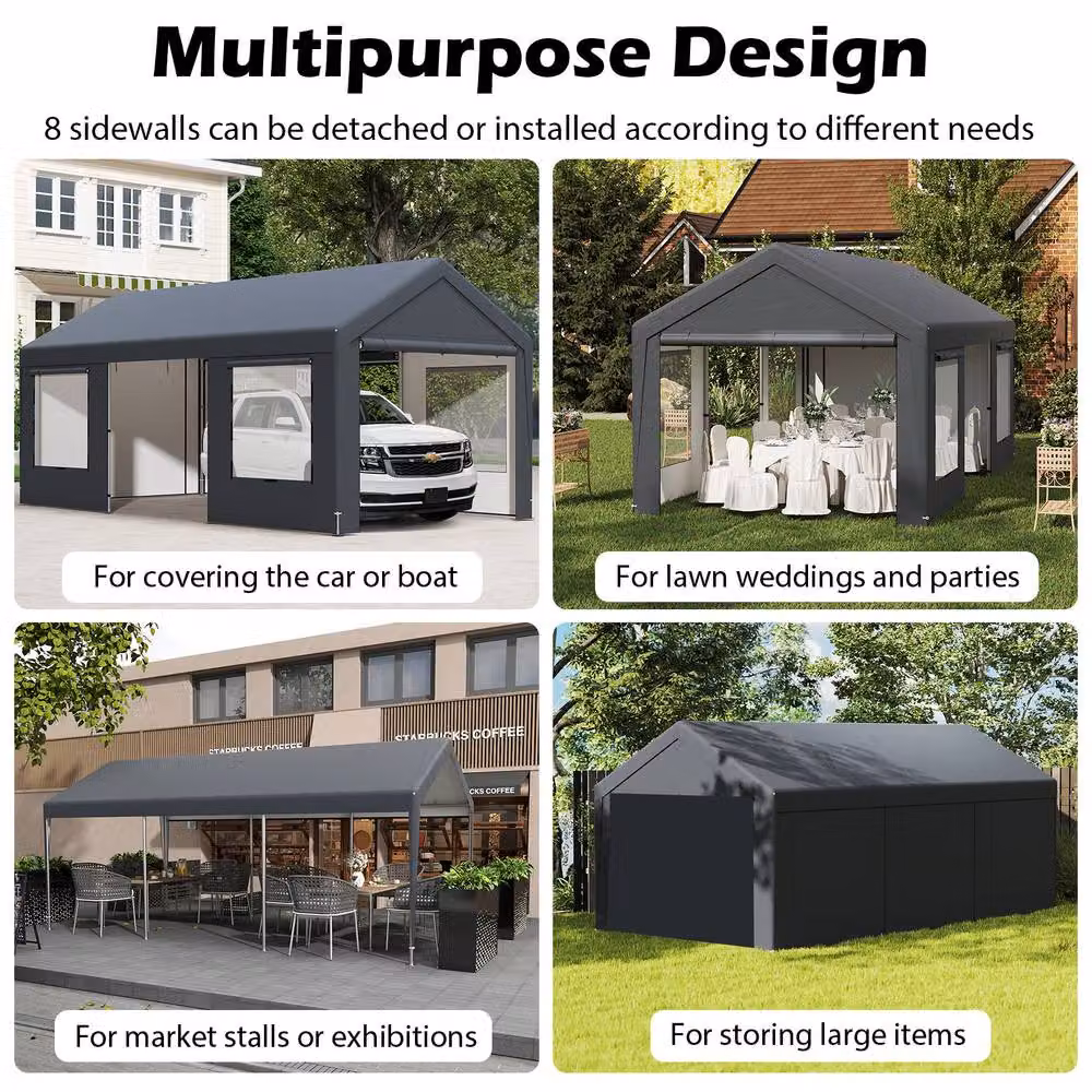 Gymax Grey Car Shelter Garage Canopy Tent with 8 Removable Sidewalls, W: 600 cm, D: 300 cm, H: 280 cm – 2