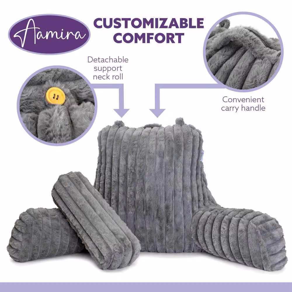 Aamira Grey Faux Fur Ribbed Memory Foam Reading Pillow Wedge Support Cushion W/D/H: 50 x 50 x 66 cm – 4
