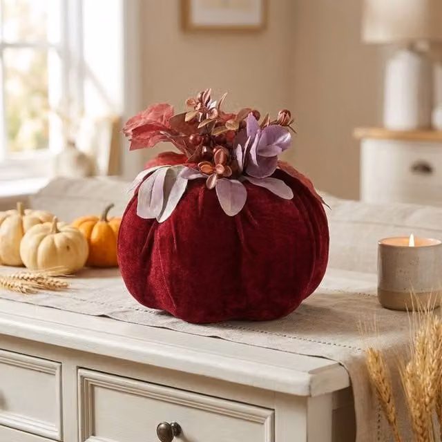 Garden Greatness Deep Red Decorative Textile Pumpkin for Autumn and Halloween Tabletop Display