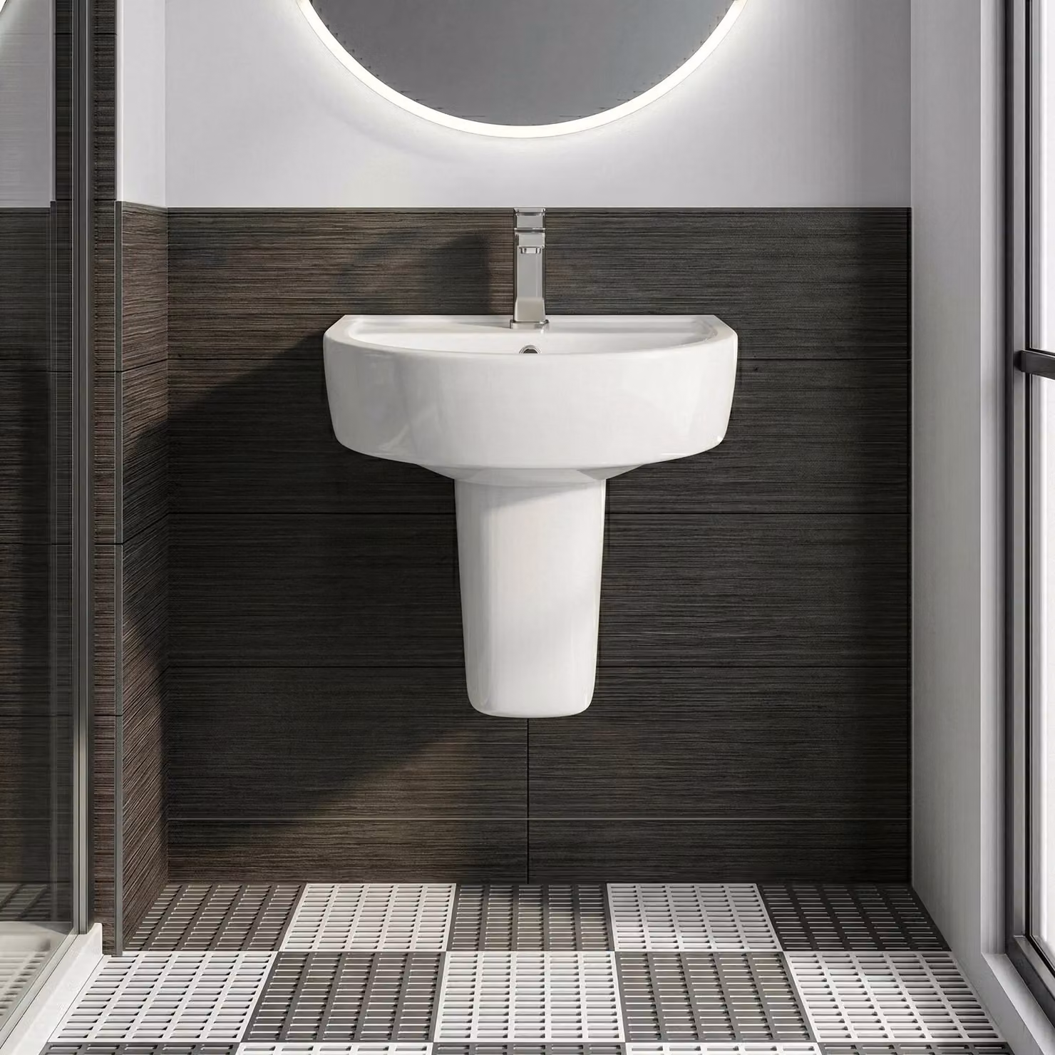Balterley 1 TH Round Wall Hung Ceramic Basin and Semi Pedestal in White, W: 52 cm, D: 45 cm, H: 2 cm – 3