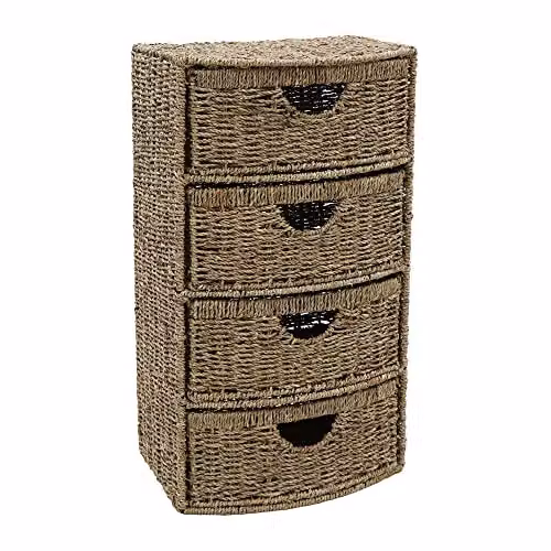 JVL 4 Drawer Bow Front Seagrass Bathroom Storage Tower in Natural Brown and Beige, H: 68.5 cm x W: 38.0 cm x D: 28.0 cm – 1