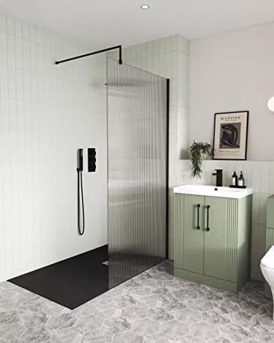 nuie WRFL18580BP Fluted Modern Bathroom Wetroom Screen with Bar, 8mm Toughened Safety Glass, W: 800 mm, H: 1850 mm, Satin Black – 2