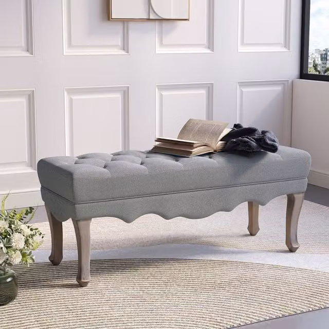 Livingandhome Grey Upholstered Linen Stool Bench with Cabriole Legs