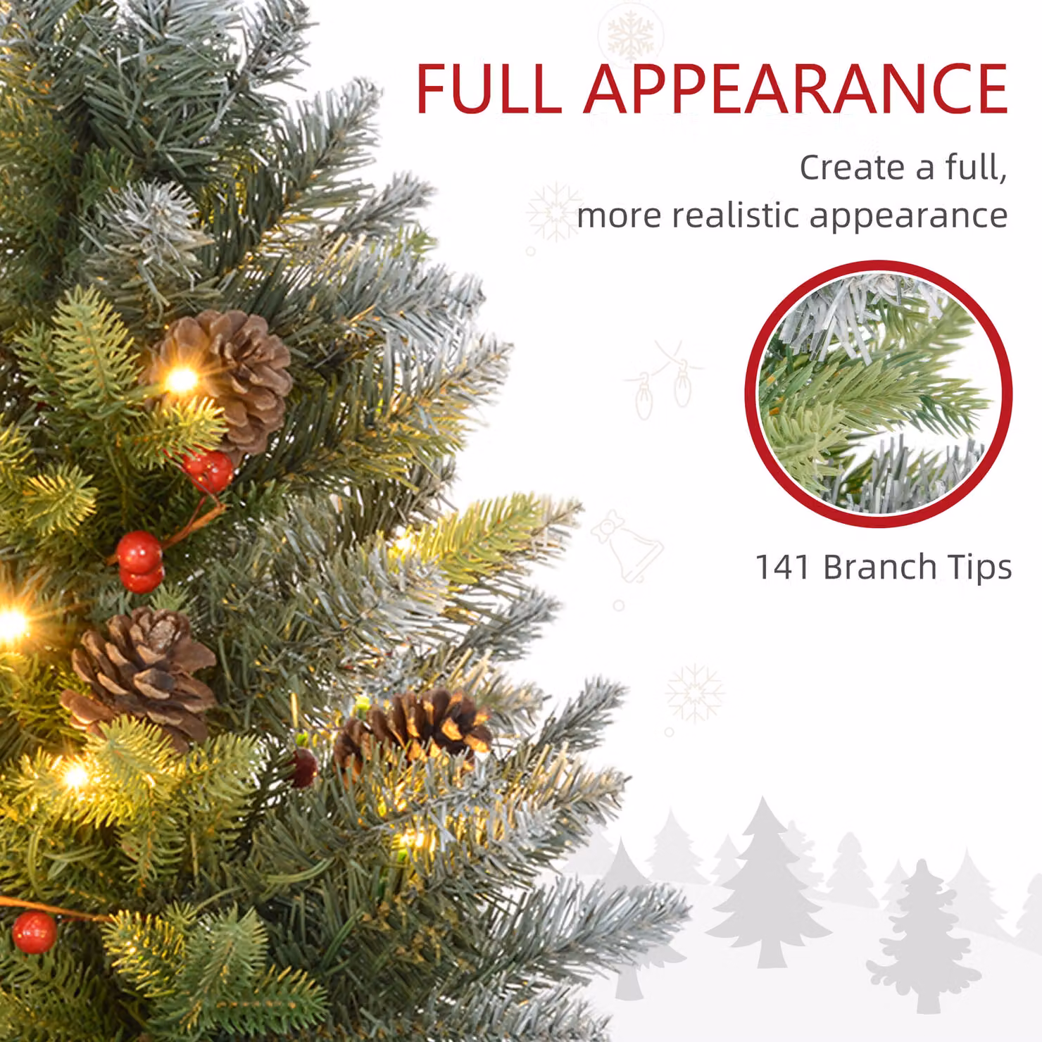 HOMCOM Set of Two Green Tabletop Christmas Trees with Lights, Berries and Pinecones, H: 60.96 cm – 5