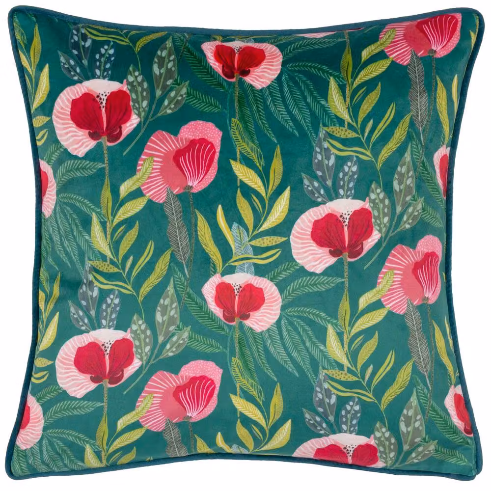 Wylder Nature House of Bloom Floral Velvet Cushion in Petrol, Pink and Green, W/D/H: 43 x 43 x 43 cm – 2