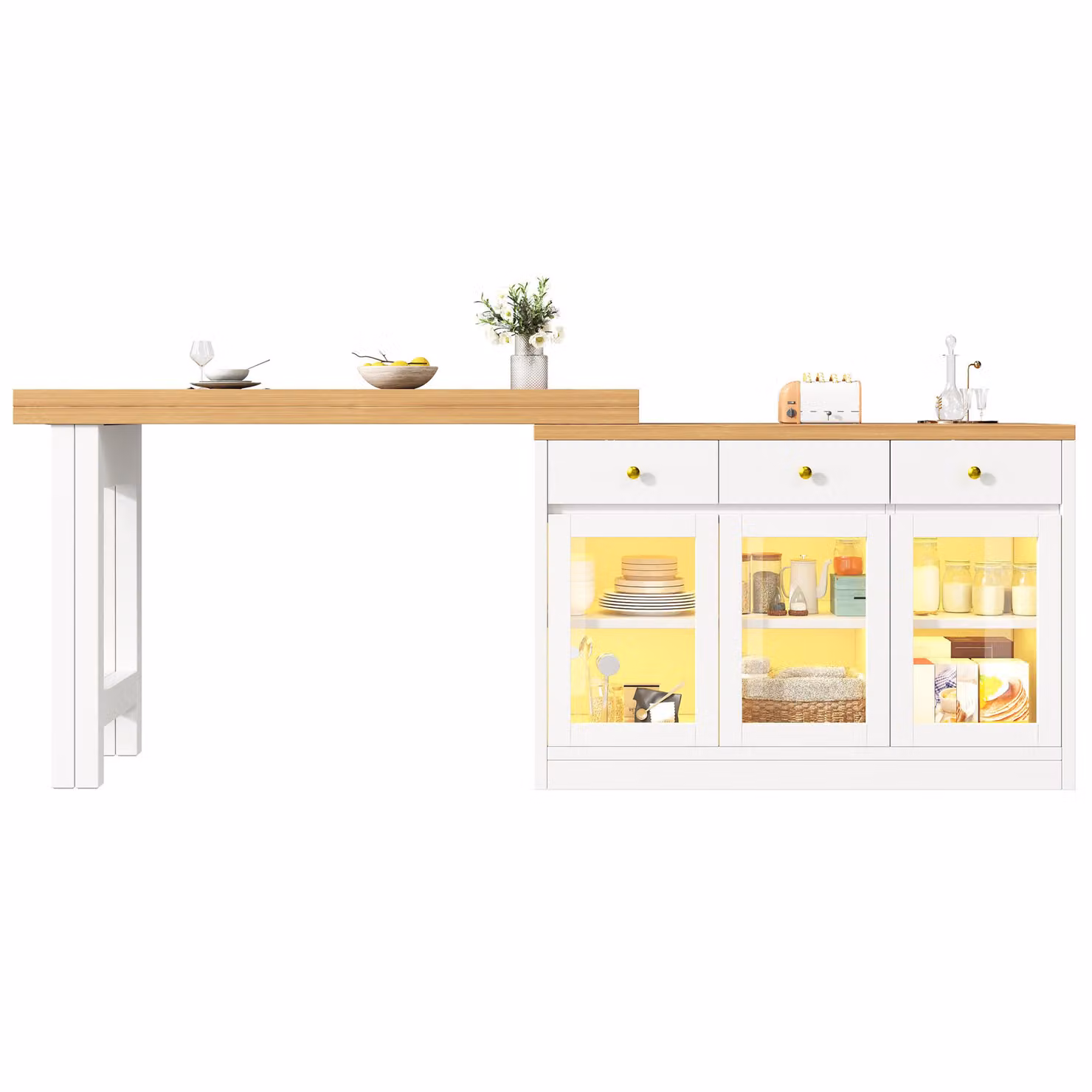 Aosom UK Extendable Modern Kitchen Island with Multicolour RGB LED Lighting and 3 Deep Drawers, White, W: 120 cm, D: 40 cm, H: 75.5 cm – 2