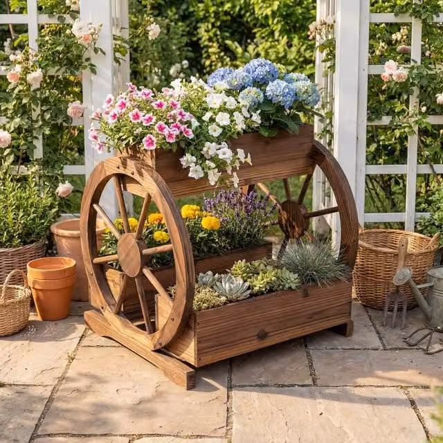 Costway Rustic Wood 2-tier Raised Garden Bed Wagon Planter with 3 Growing Boxes in Brown – 1