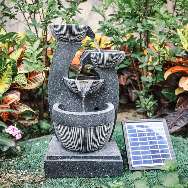 Livingandhome Solar-Powered 4-Tier Cascade Tabletop Water Fountain with LED, Grey