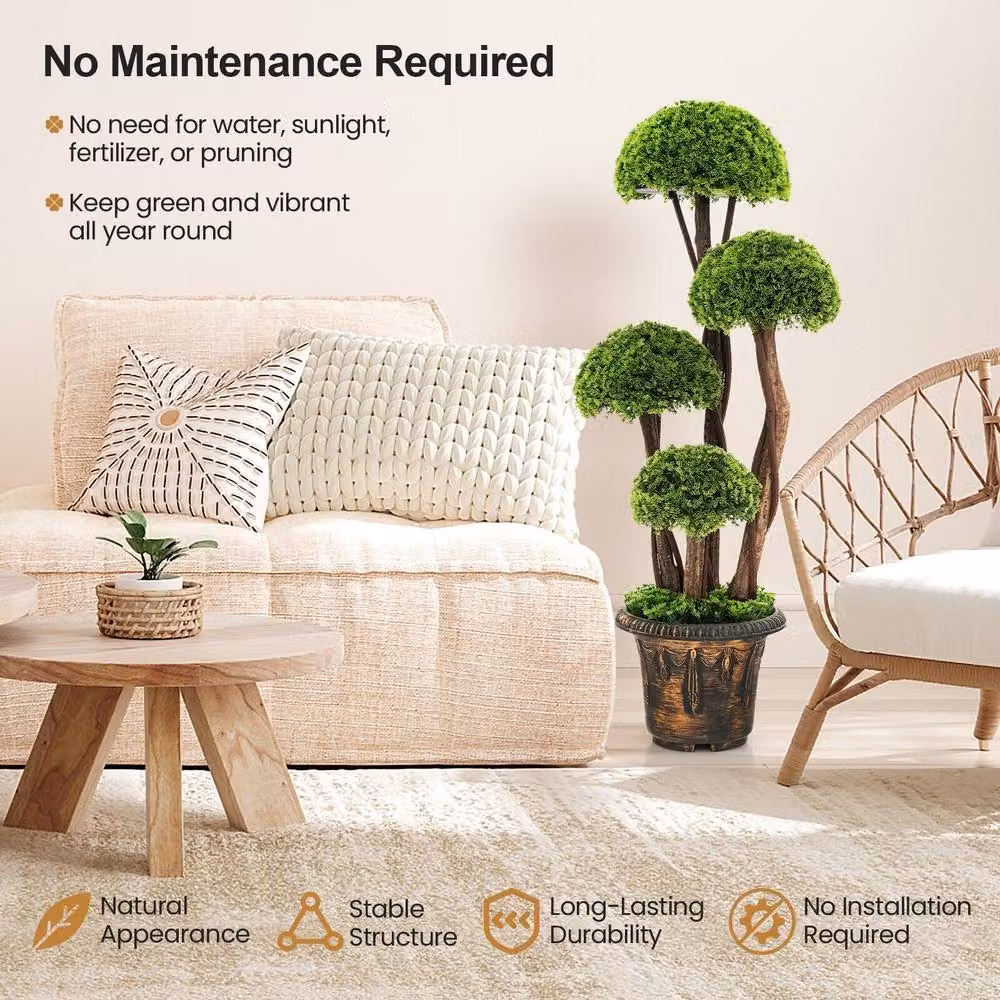 Costway Green Artificial Topiary Ball Tabletop Decor Tree with Rattan Trunk – 6