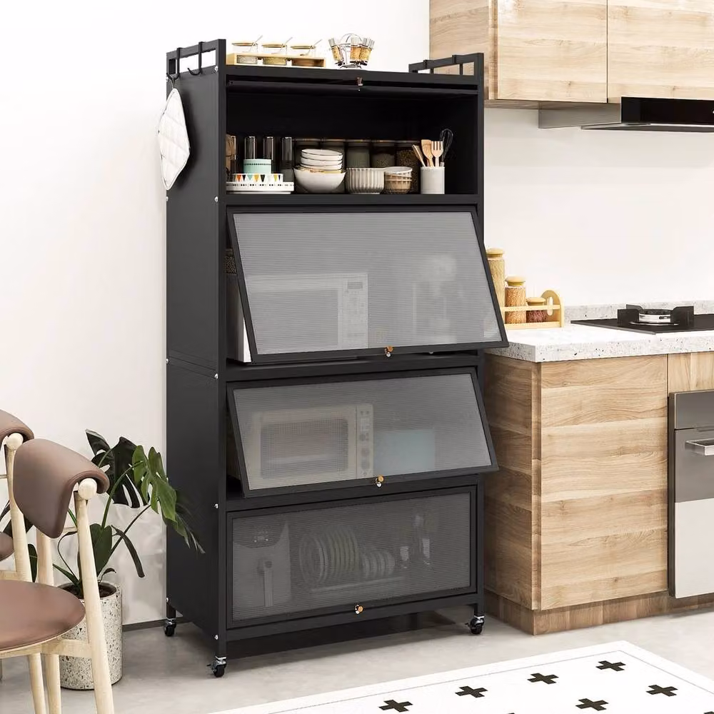 VOGREX 5-Tier Black Metal Kitchen Storage Cabinet with Hinged Glass Doors and Wheels – 7