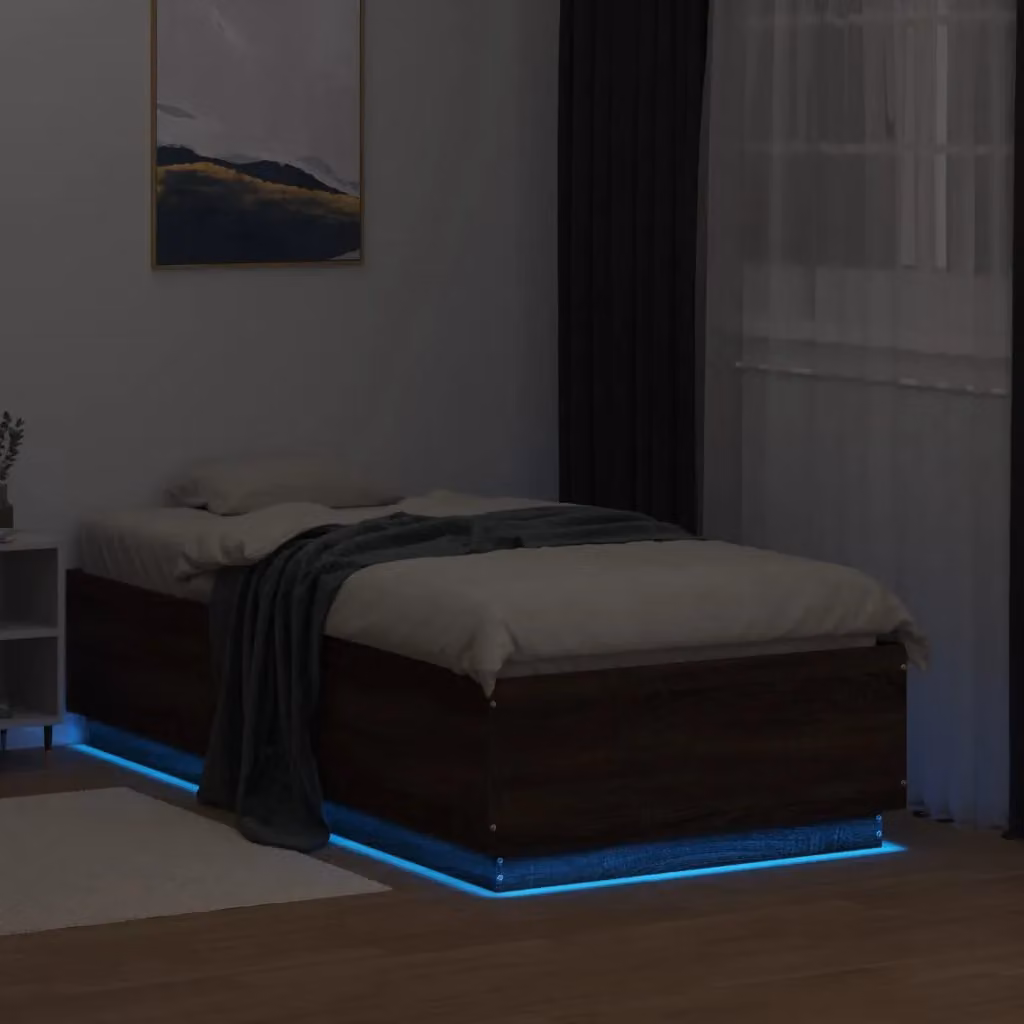 Berkfield Home Small Single Bed Frame in Brown Oak with LED Under-Bed Lighting and USB Charging Port – 3