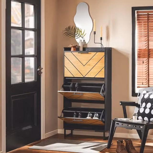 SoBuy Modern Slim Shoe Cabinet with 3 Tilting Compartments and Internal Shelves, Black